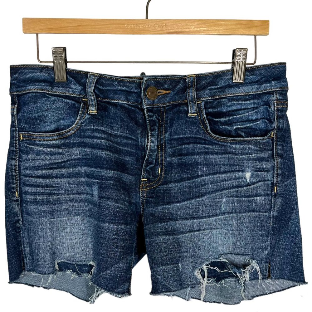 American Eagle Dark Wash Distressed Mid Rise Jegging Super Stretch Cut Off Short - Picture 1 of 7